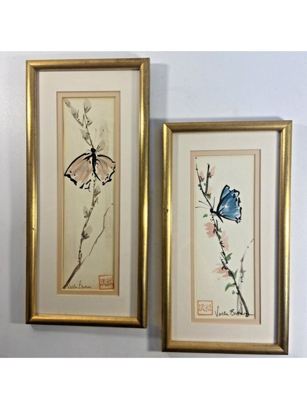 2 Verla Brown Original Watercolor Painting Signed Asian Style Butterfly Framed